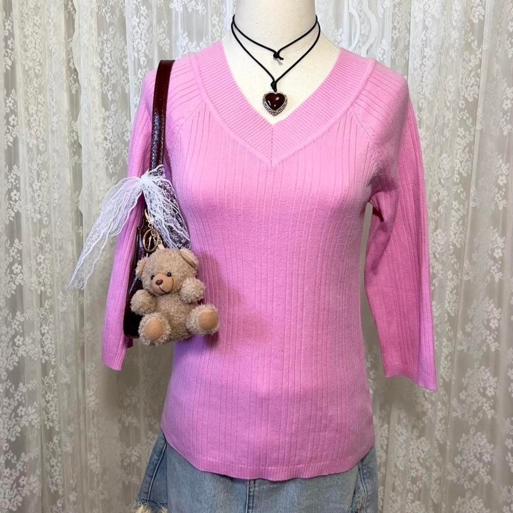 Vintage Y2K Faded Glory Pink V-Neck Sweater Womens‎ Medium Preppy Pullover Knit